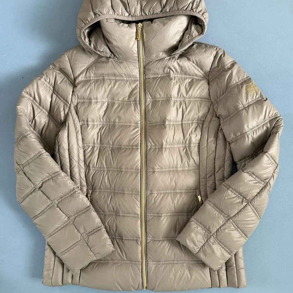 Michael Michael Kors Hooded Packable Down Fill Taupe Puffer‎ Coat